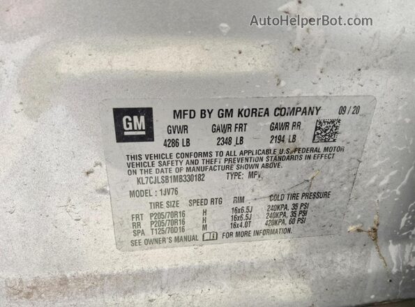 KL7CJLSB1MB330182 2021 CHEVROLET TRAX Серебряный Вид наклейки с VIN-кодом