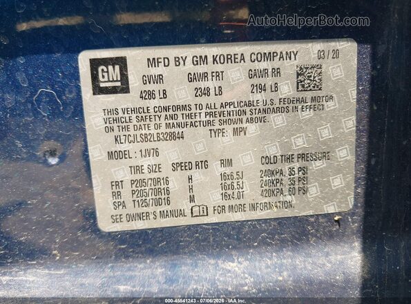 KL7CJLSB2LB328844 2020 CHEVROLET TRAX Blue Widok komory silnika