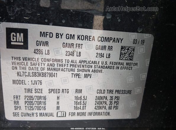 KL7CJLSB3KB879041 2019 CHEVROLET TRAX Black Engine compartment view