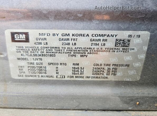 KL7CJLSB3KB931803 2019 CHEVROLET TRAX Gray VIN კოდის სტიკერის ხედი