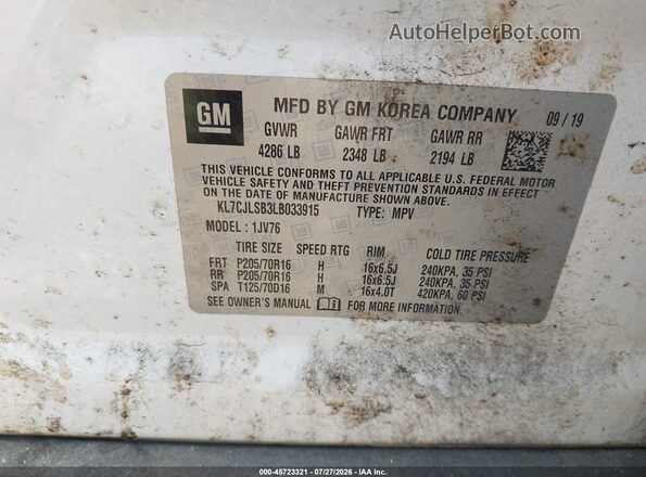 KL7CJLSB3LB033915 2020 CHEVROLET TRAX White Շարժիչի բաժամունքի տեսք
