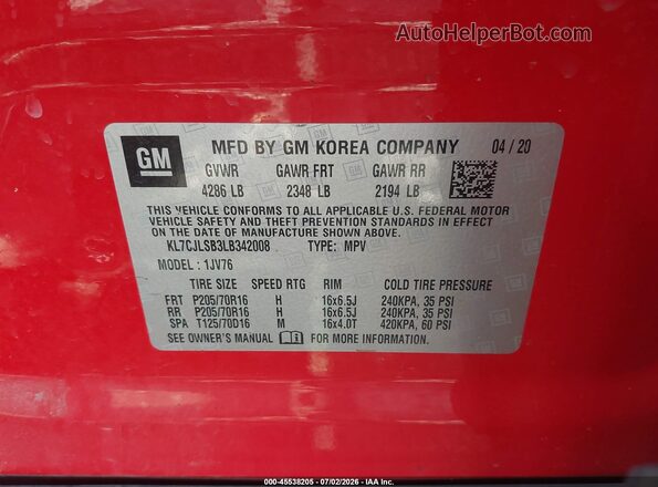 KL7CJLSB3LB342008 2020 CHEVROLET TRAX Red Շարժիչի բաժամունքի տեսք