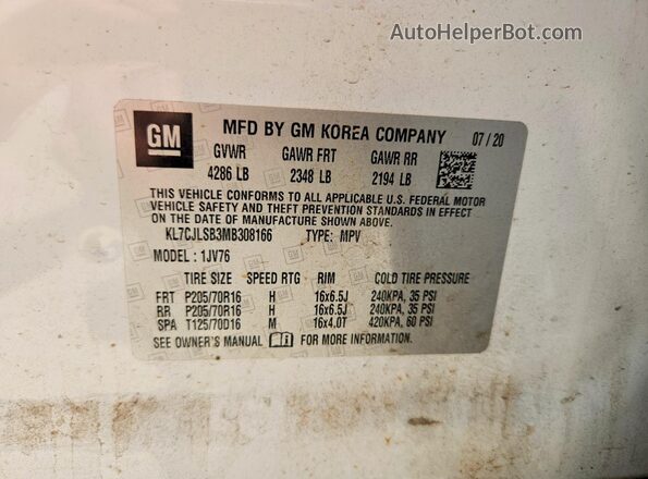 KL7CJLSB3MB308166 2021 CHEVROLET TRAX White VIN კოდის სტიკერის ხედი