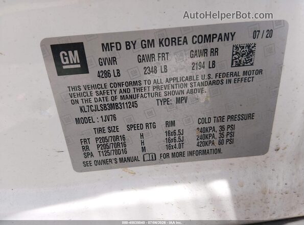 KL7CJLSB3MB311245 2021 CHEVROLET TRAX White Widok komory silnika