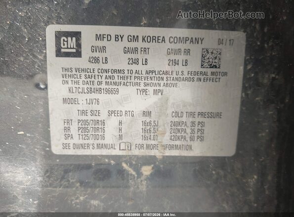 KL7CJLSB4HB196659 2017 CHEVROLET TRAX Серый Вид подкапотного пространства