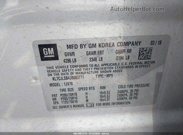KL7CJLSB4JB683771 2018 CHEVROLET TRAX Белый Вид подкапотного пространства