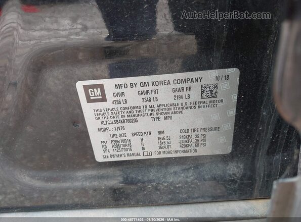 KL7CJLSB4KB760205 2019 CHEVROLET TRAX Black ძრავის განყოფილების ხედი