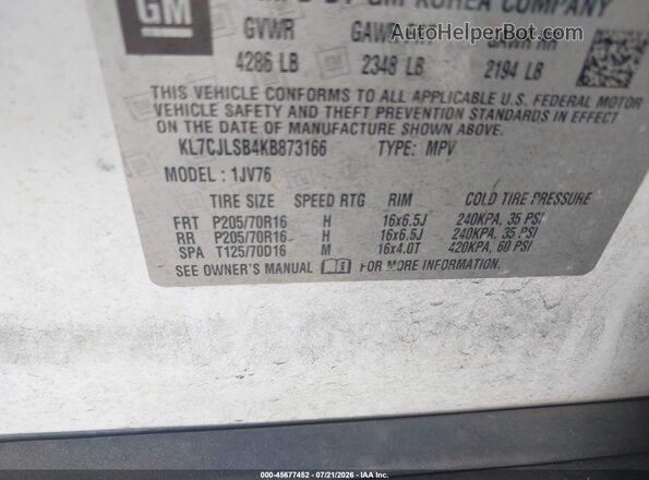 KL7CJLSB4KB873166 2019 CHEVROLET TRAX White ძრავის განყოფილების ხედი