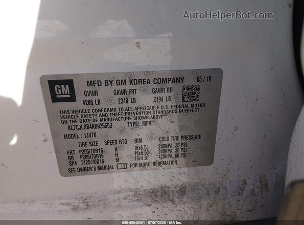 KL7CJLSB4KB935553 2019 CHEVROLET TRAX White Вид підкапотного простору