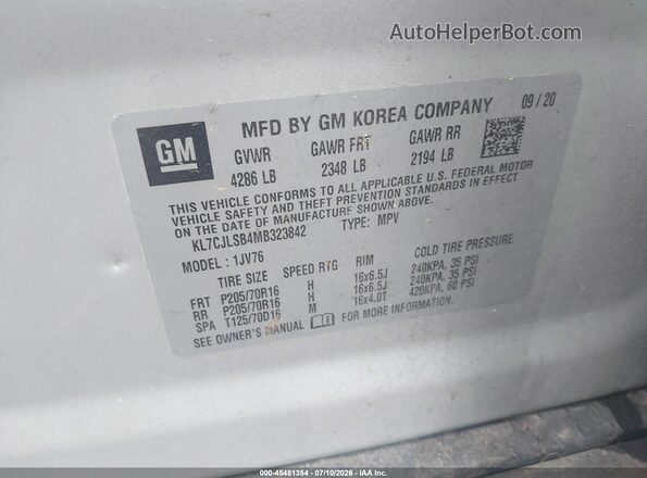 KL7CJLSB4MB323842 2021 CHEVROLET TRAX Серебряный Вид подкапотного пространства