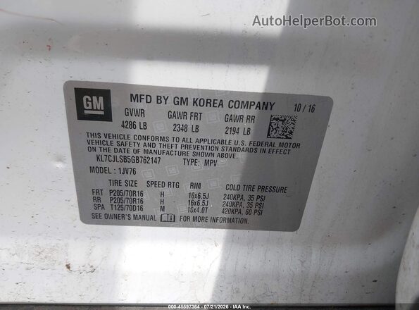 KL7CJLSB5GB762147 2016 CHEVROLET TRAX White Շարժիչի բաժամունքի տեսք