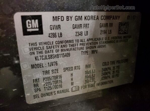 KL7CJLSB5HB115409 2017 CHEVROLET TRAX Gray VIN sticker view