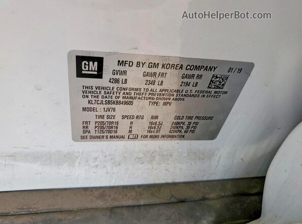 KL7CJLSB5KB849605 2019 CHEVROLET TRAX White VIN կոդի պիտակի տեսք
