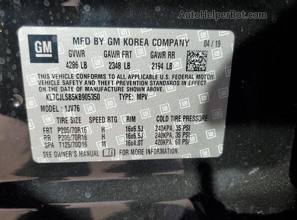 KL7CJLSB5KB905350 2019 CHEVROLET TRAX Black Вид наклейки з VIN-кодом