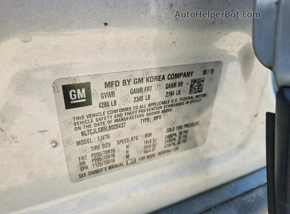 KL7CJLSB5LB020437 2020 CHEVROLET TRAX Серебряный Вид наклейки с VIN-кодом