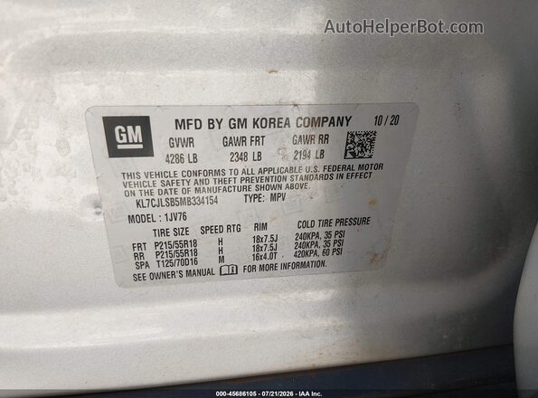 KL7CJLSB5MB334154 2021 CHEVROLET TRAX Silver Widok komory silnika