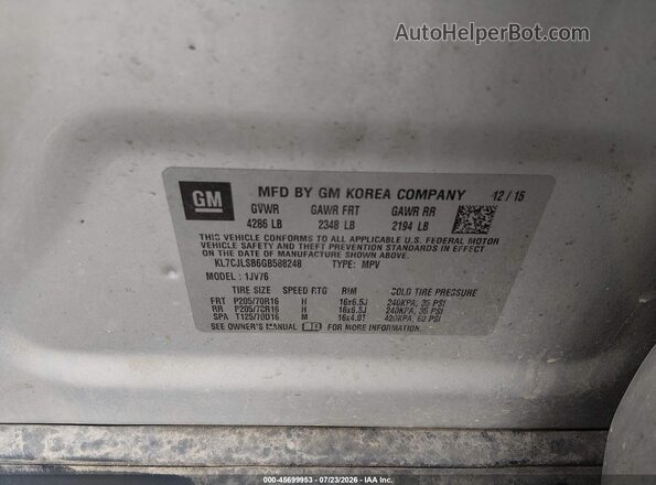 KL7CJLSB6GB588248 2016 CHEVROLET TRAX Silver Вид підкапотного простору