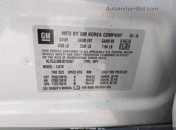 KL7CJLSB6JB703907 2018 CHEVROLET TRAX Silver Вид підкапотного простору