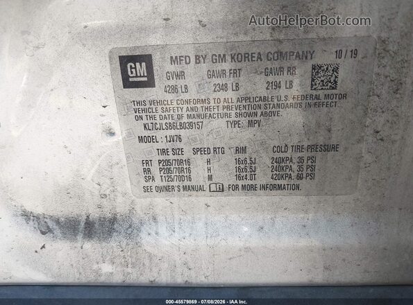 KL7CJLSB6LB039157 2020 CHEVROLET TRAX Silver ძრავის განყოფილების ხედი