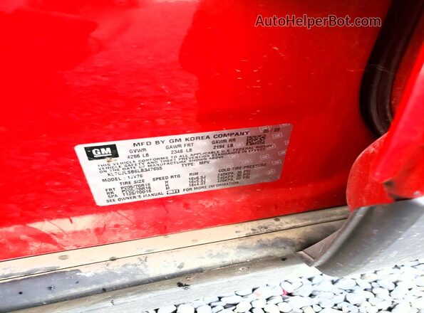 KL7CJLSB6LB347655 2020 CHEVROLET TRAX Red VIN sticker view
