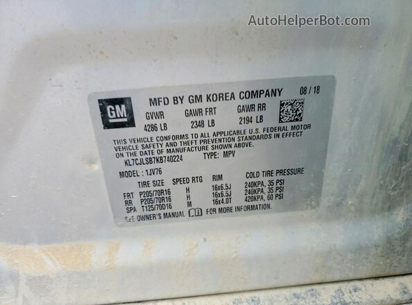 KL7CJLSB7KB740224 2019 CHEVROLET TRAX Silver VIN კოდის სტიკერის ხედი