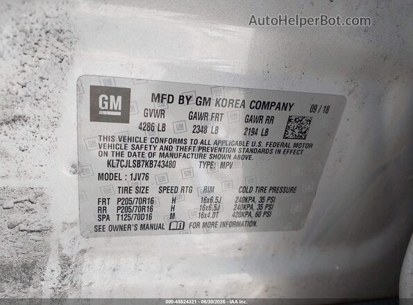 KL7CJLSB7KB743480 2019 CHEVROLET TRAX Silver Շարժիչի բաժամունքի տեսք