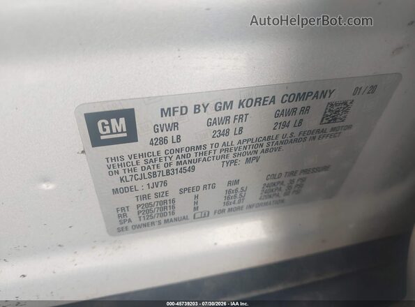 KL7CJLSB7LB314549 2020 CHEVROLET TRAX Silver Engine compartment view