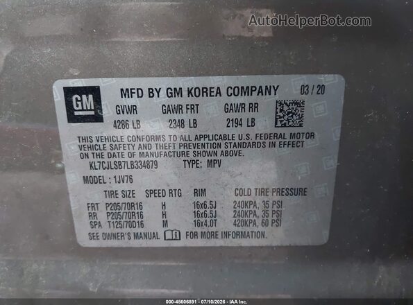 KL7CJLSB7LB334879 2020 CHEVROLET TRAX Brown Vista del compartimento del motor