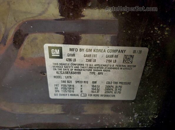 KL7CJLSB7LB349169 2020 CHEVROLET TRAX Burgundy Vista del compartimento del motor