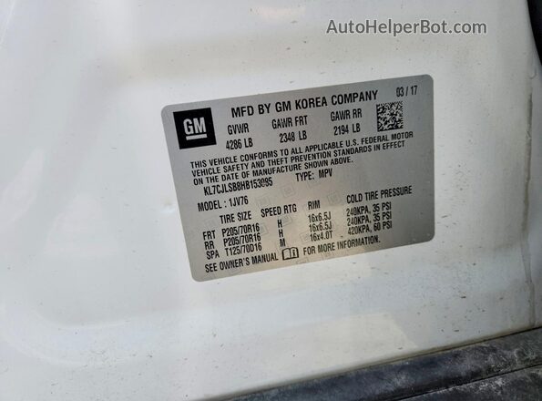 KL7CJLSB8HB153085 2017 CHEVROLET TRAX Белый Вид наклейки с VIN-кодом