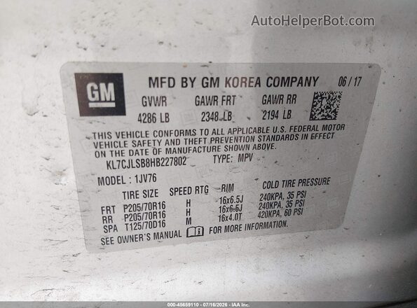 KL7CJLSB8HB227802 2017 CHEVROLET TRAX Gray Widok komory silnika