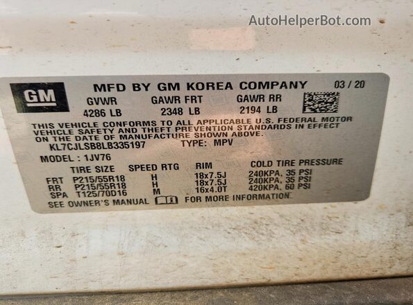 KL7CJLSB8LB335197 2020 CHEVROLET TRAX White Vista del compartimento del motor