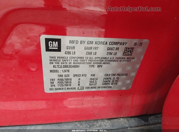 KL7CJLSB8LB346894 2020 CHEVROLET TRAX Red Շարժիչի բաժամունքի տեսք