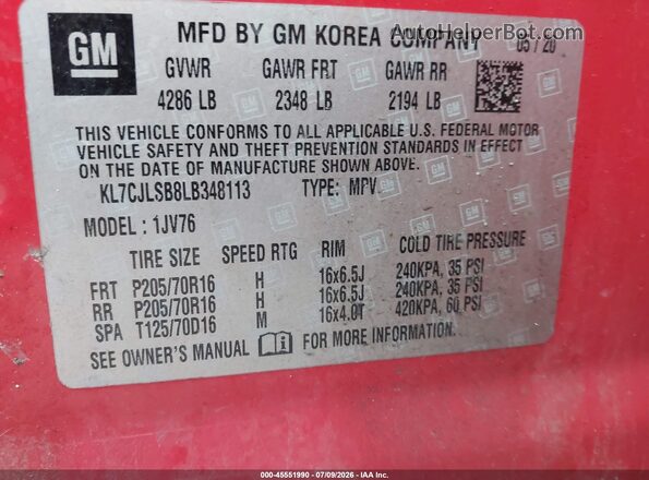 KL7CJLSB8LB348113 2020 CHEVROLET TRAX Red Շարժիչի բաժամունքի տեսք