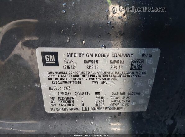 KL7CJLSB9JB710916 2018 CHEVROLET TRAX Gray Widok komory silnika
