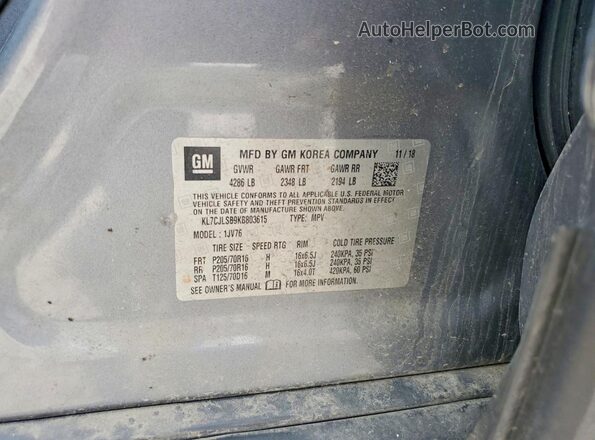 KL7CJLSB9KB803615 2019 CHEVROLET TRAX Gray Widok naklejki z numerem VIN