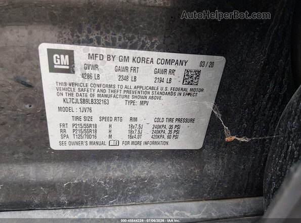 KL7CJLSB9LB332163 2020 CHEVROLET TRAX Black Вид підкапотного простору