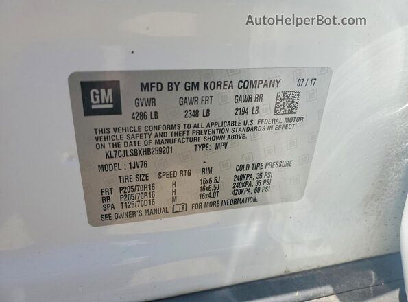 KL7CJLSBXHB259201 2017 CHEVROLET TRAX White Vista de la etiqueta del VIN