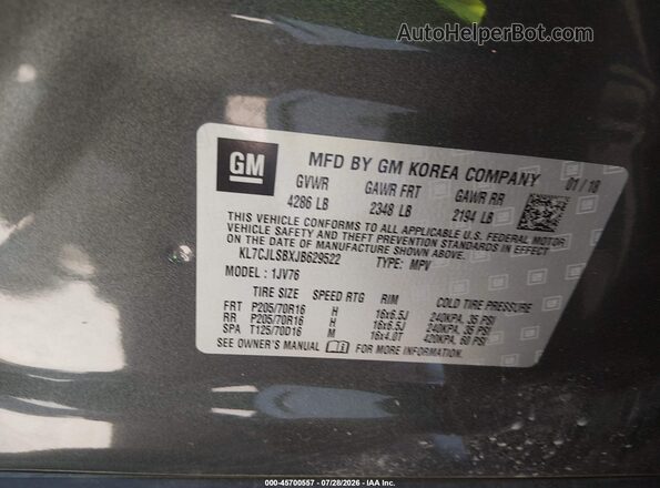 KL7CJLSBXJB629522 2018 CHEVROLET TRAX Gray Widok komory silnika