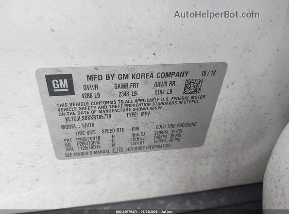 KL7CJLSBXKB765778 2019 CHEVROLET TRAX White Вид підкапотного простору
