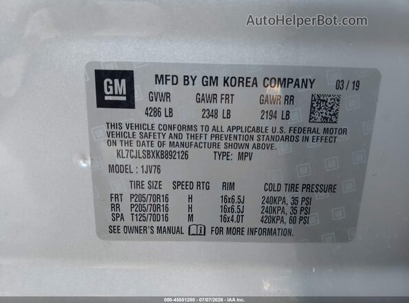 KL7CJLSBXKB892126 2019 CHEVROLET TRAX Silver Vista del compartimento del motor