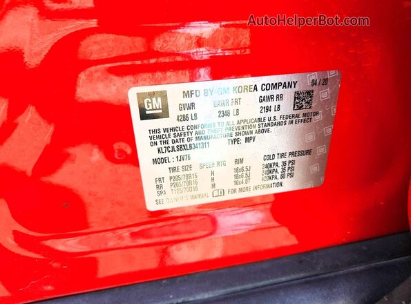 KL7CJLSBXLB341311 2020 CHEVROLET TRAX Red VIN კოდის სტიკერის ხედი