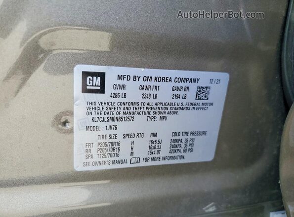 KL7CJLSM0NB512572 2022 CHEVROLET TRAX Tan Vista de la etiqueta del VIN