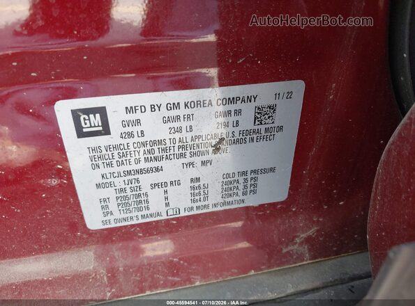 KL7CJLSM3NB569364 2022 CHEVROLET TRAX Красный Вид подкапотного пространства