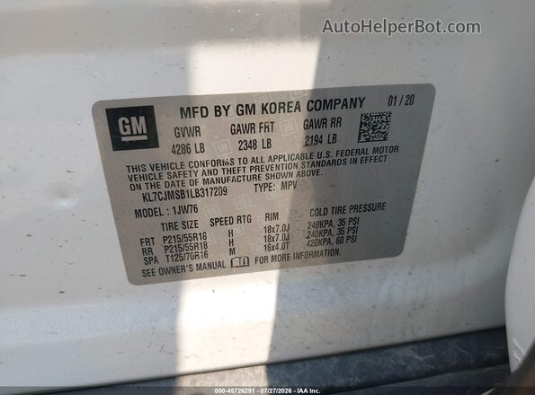 KL7CJMSB1LB317209 2020 CHEVROLET TRAX White Widok komory silnika