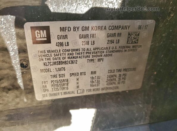 KL7CJMSB9HB243612 2017 CHEVROLET TRAX Black VIN կոդի պիտակի տեսք