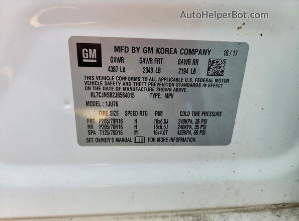 KL7CJNSB2JB564015 2018 CHEVROLET TRAX White VIN կոդի պիտակի տեսք