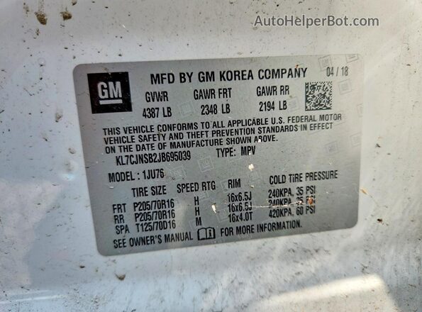 KL7CJNSB2JB695039 2018 CHEVROLET TRAX White Widok naklejki z numerem VIN