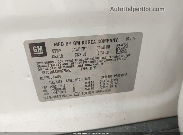 KL7CJNSB7HB250855 2017 CHEVROLET TRAX White Vista del compartimento del motor