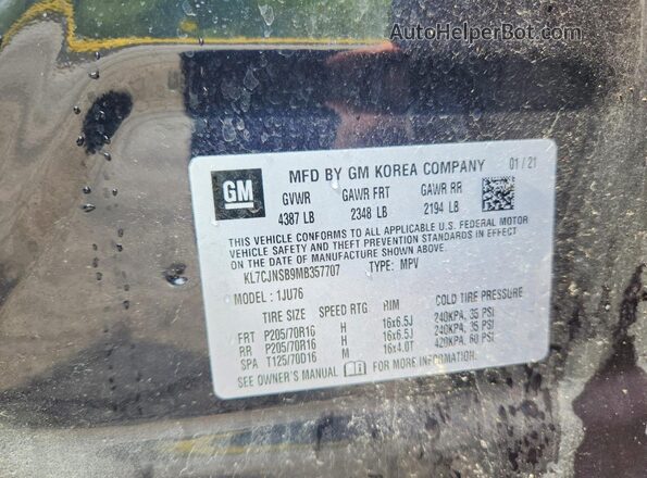 KL7CJNSB9MB357707 2021 CHEVROLET TRAX Black Вид наклейки з VIN-кодом